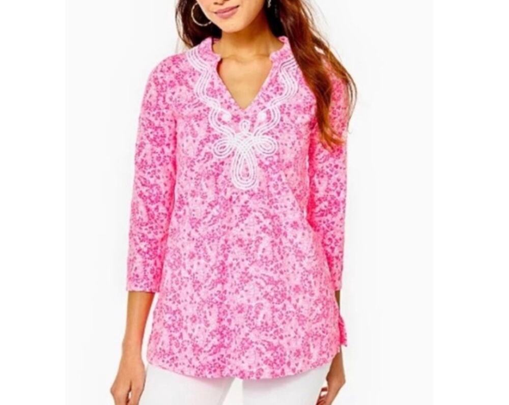 Lilly Pulitzer Neon Pink Invest A Gator Shandy White Kaia Knit Tunic Top XL Prep